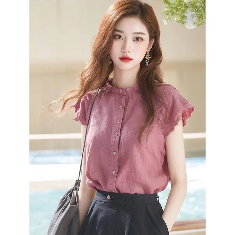 木耳边立领小飞袖衬衫女设计感小众夏季独特别致漂亮小衫上衣