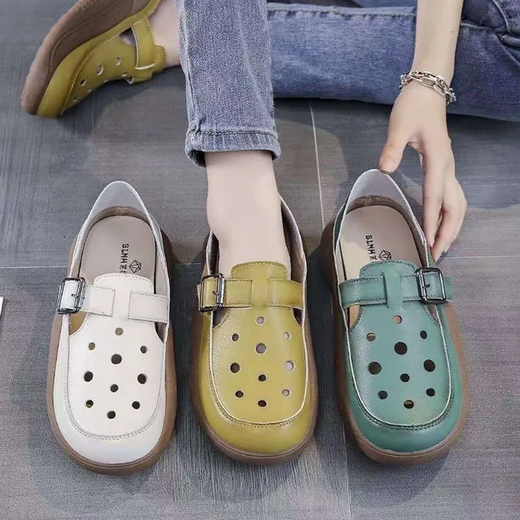 复古洋气镂空软皮罗马凉鞋女2025年夏季新款两穿洞洞鞋休闲单鞋