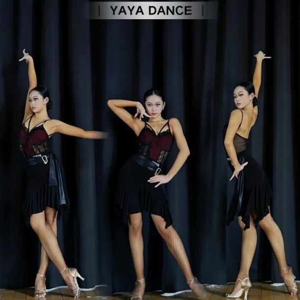 YAYDANCE正品拉丁舞服｜蕾丝拼接吊带搭配拼皮半裙练功服表演班服