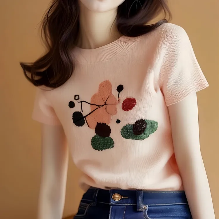 时尚百搭夏季薄款针织衫上衣印花小众设计感粉色花朵印花冰爽丝面