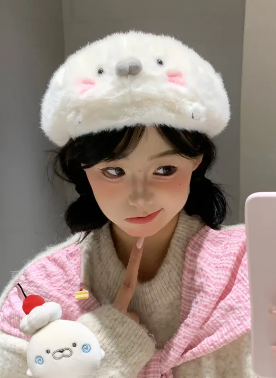 原创自制卡通可爱海豹帽可磁吸秋冬女情侣时尚报童帽贝雷帽前进帽
