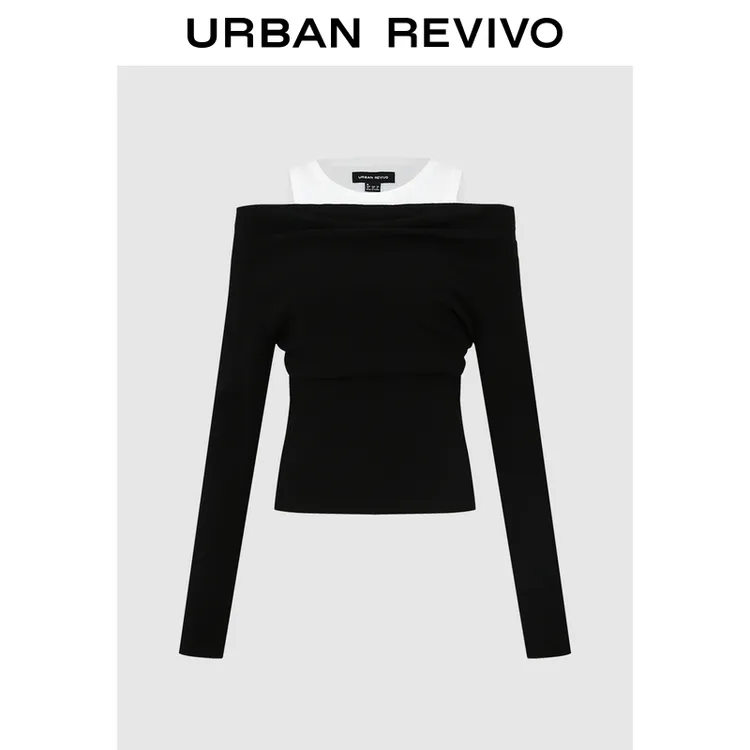 UR2025冬季新款女装休闲假两件撞色拼接长袖T恤UWG950278