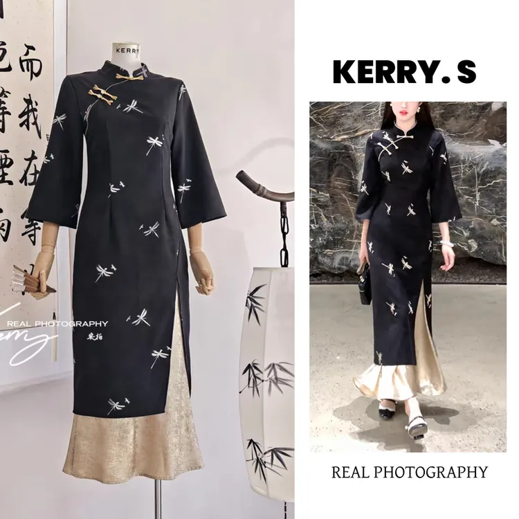 墨云秀 2025早秋新中式蜻蜓绣花拼接旗袍女气质显瘦提花连衣裙