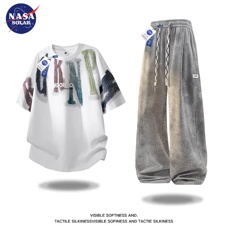 NASA SOLAR美式涂鸦休闲运动套装男款夏季冰丝短袖T恤长裤两件套