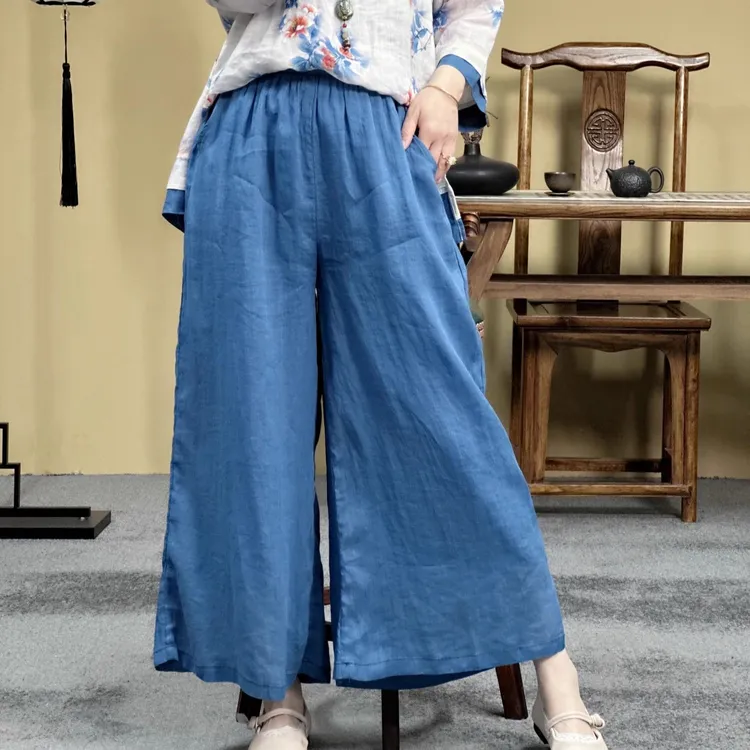 束心新中式女装新款苎麻双层纯色百搭休闲裤松紧腰宽松阔腿九分裤