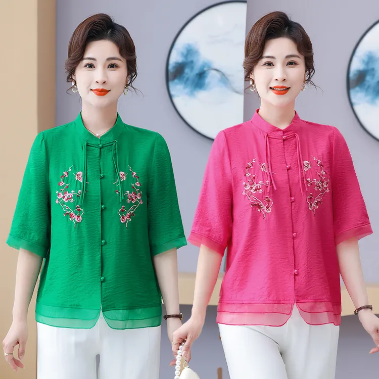 新中式妈妈装套装刺绣衬衫民族风气质显瘦七分袖上衣夏季两件套