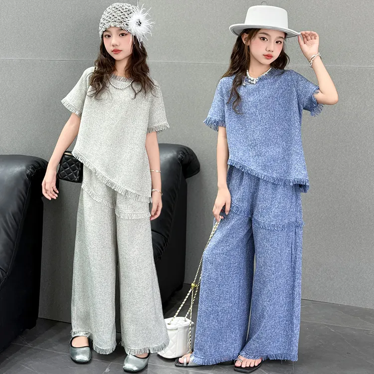 女童流苏韩版套装夏装2025新款女大童时髦休息短袖儿童夏季阔腿裤