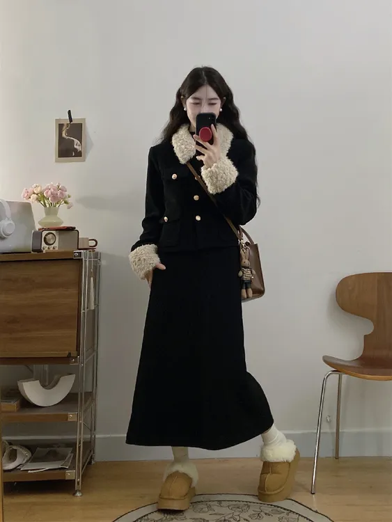 大码秋冬时尚高级感小香风气质夹棉外套+胖MM遮肉显瘦半身裙套装