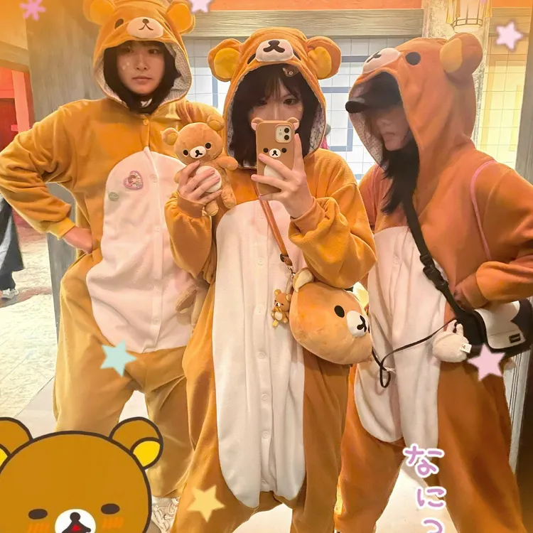 卡通轻松熊情侣连体睡衣女秋冬季加厚加大码珊瑚绒睡袍男款家居服