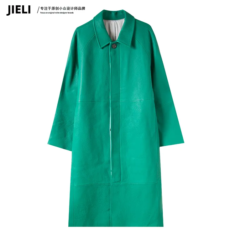 JIE LI/街力奢品绵羊皮大牌真皮皮衣外套中长款风衣女大衣绿JX008