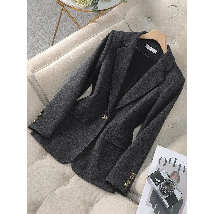 深灰色毛呢西装外套女2026新款春秋季气质加厚小个子上衣高端西服