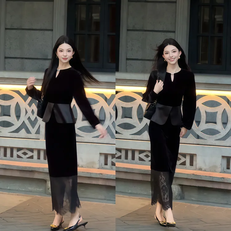 秋季新款多巴胺服装女装两件套高级感收腰上衣蕾丝半身裙气质套装