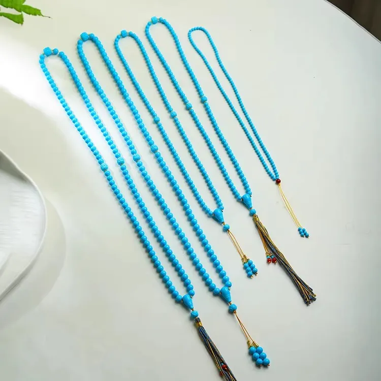 经典瓷高蓝色圆珠项链雕刻顶腰配珠三通背云百搭男女款原创多圈