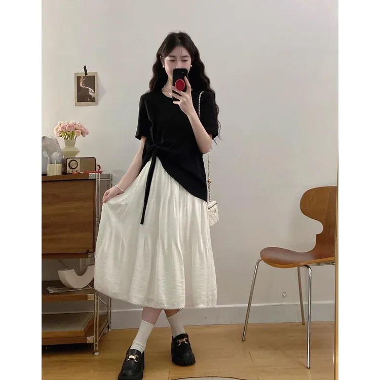 大码女装夏季新款胖mm新款花边蛋糕裙+蝴蝶结宽松T恤洋气减龄套装