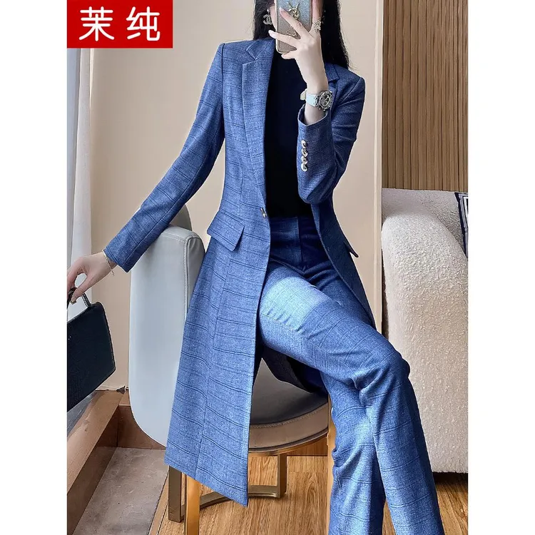 时尚洋气女蓝色格子今年流行漂亮风衣高级感时髦洋气长款西装工服