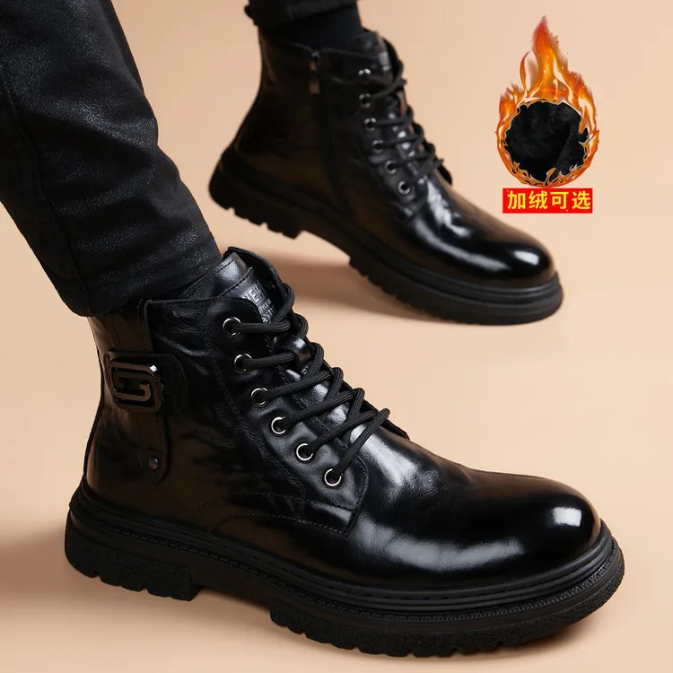 马丁靴男2025新款冬季男鞋韩版潮流男士加绒靴子百搭高帮休闲皮鞋