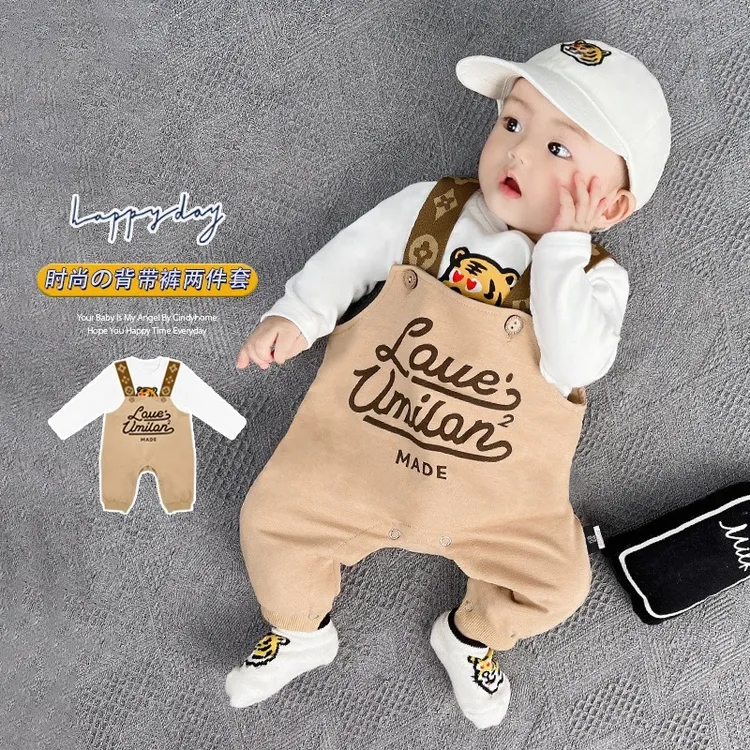 婴儿秋装分体套装衣服超萌一岁洋气男宝宝春秋季背带裤两件套