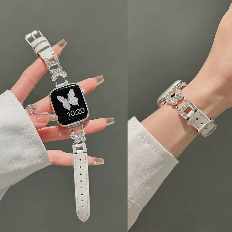 适用苹果s10手表带iwatch9金属蝴蝶s11拼皮表带8/7/6/5se代小众女