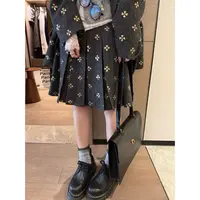 SP miu系穿搭~灰色毛呢钉珠百褶半身裙女秋季时髦显瘦中裙半裙