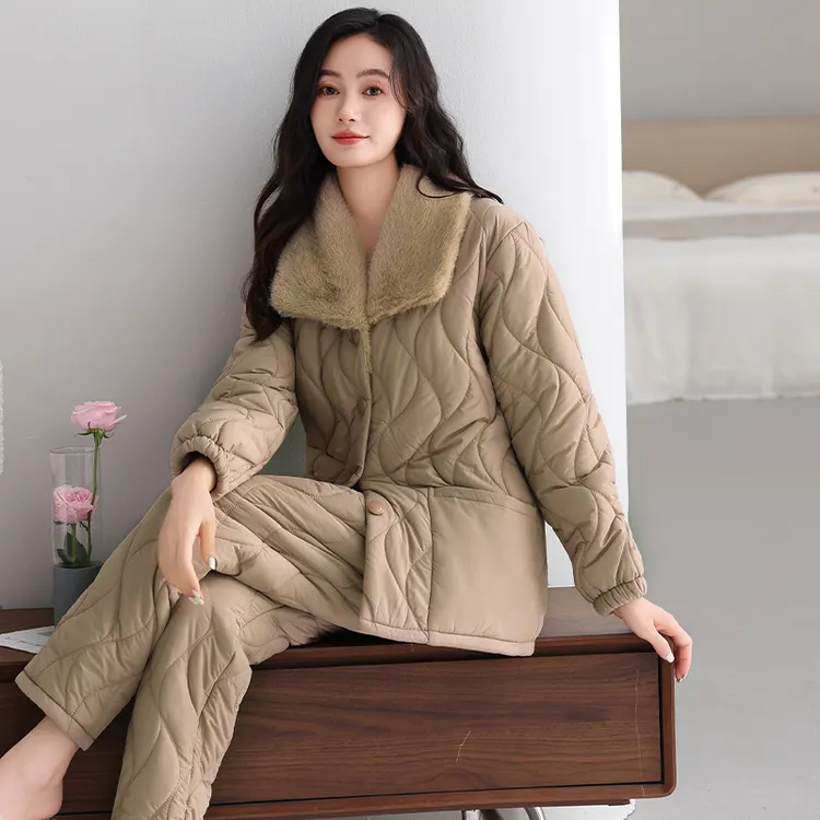 冬季羽绒夹棉袄三层加厚加绒睡衣女保暖毛绒翻领家居服套装可外穿