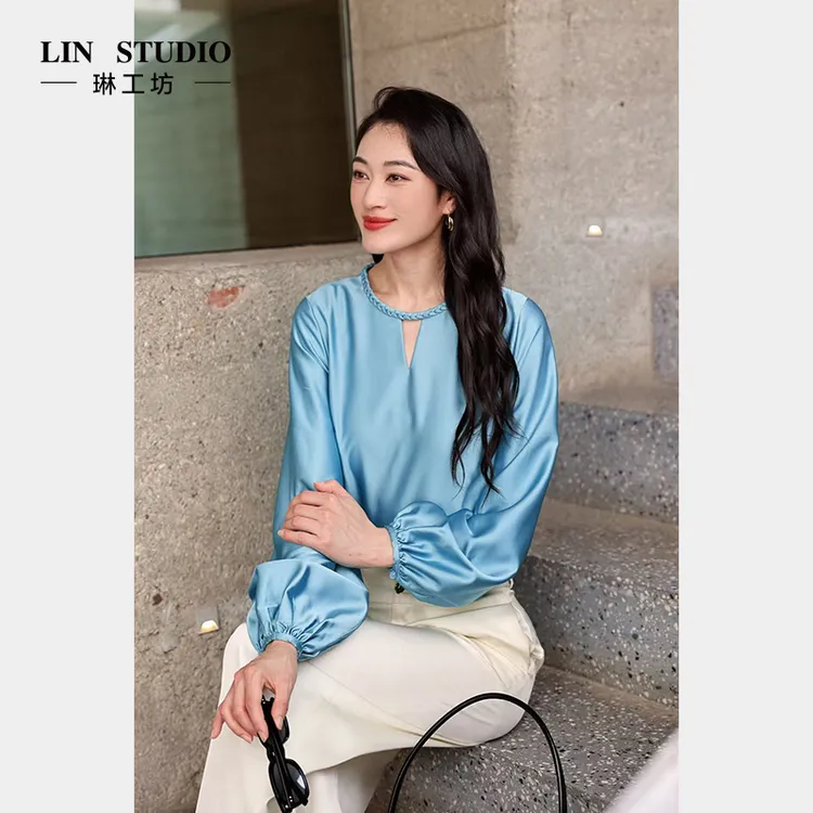 琳工坊“乐初”蓝色衬衫优雅气质职场琥珀流光系时尚显瘦唐琳设计师