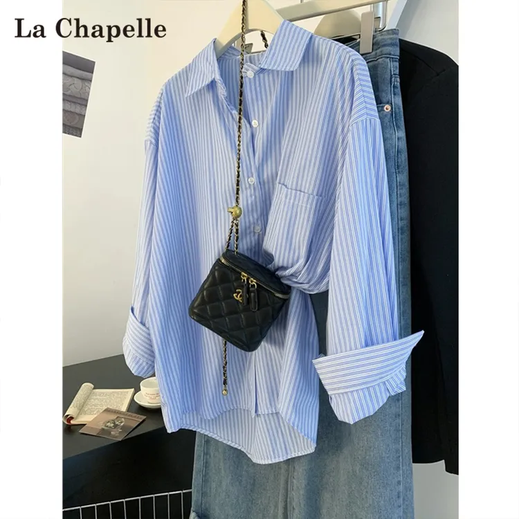 拉夏贝尔蓝色条纹长袖衬衫女秋2025新款气质POLO领清冷系禅意上衣