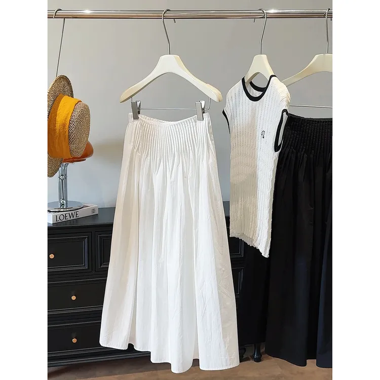 白色a字百褶半身裙女2025夏装新款设计感小众高腰中长款大摆伞裙