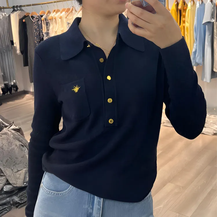 2025早春新款蜜蜂刺绣长袖套头POLO领百搭纯色商务针织上衣女装