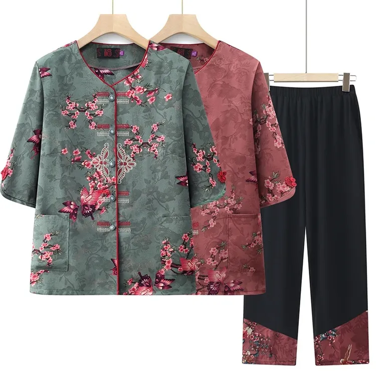 中老年女装夏季薄款套装大码妈妈装老人衣服奶奶装夏装绣花两件套