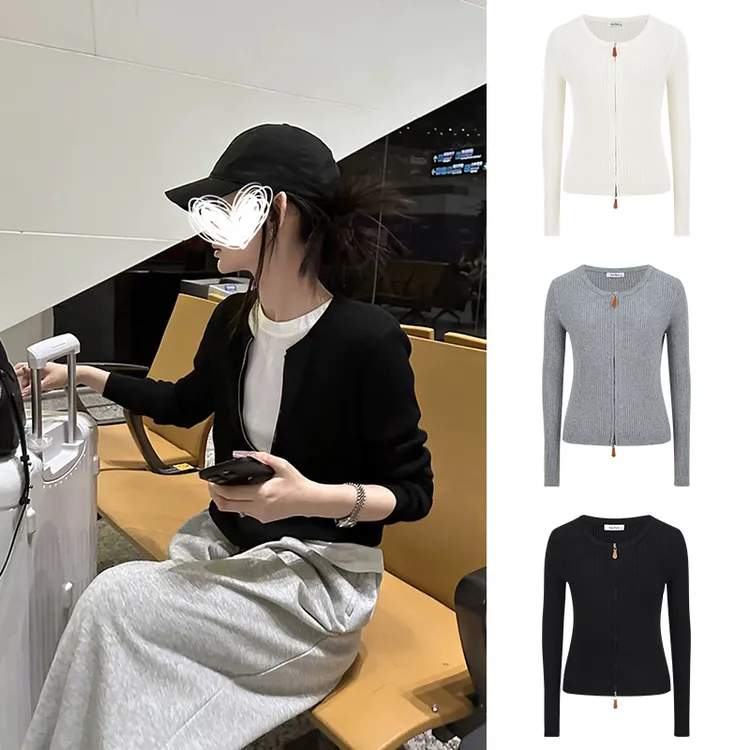 韩版秋季新款针织长袖双拉链上衣显瘦百搭设计感针织开衫女