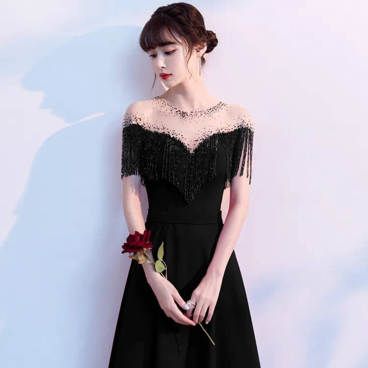 黑色晚礼服2025新款气质名媛订婚连衣裙颁奖典礼主持人宴会礼服夏