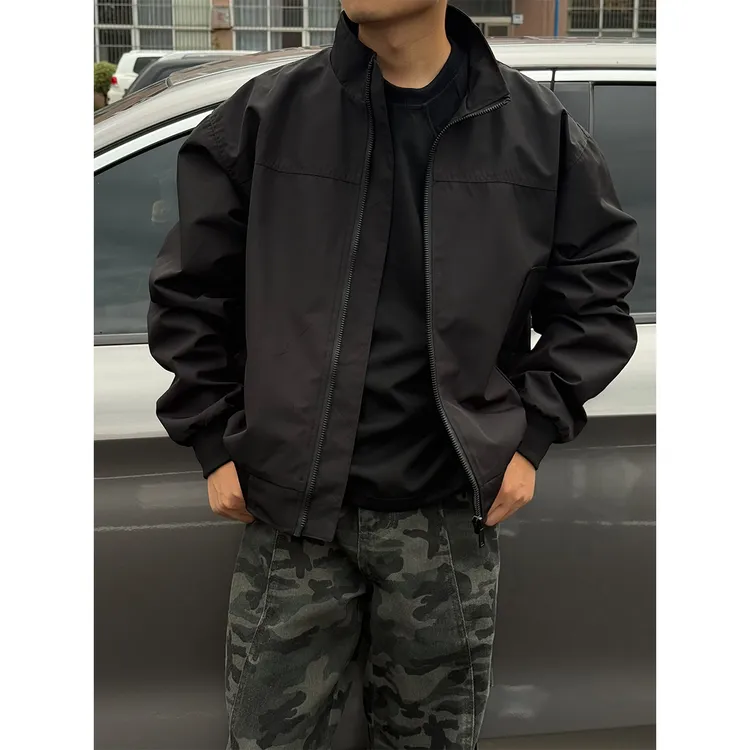 美式短款立领夹克男春秋季cleanfit飞行员外套痞帅高级褶皱骑行服