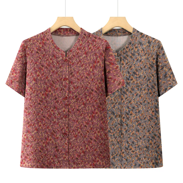 中老年妈妈装夏装短袖衬衣花色薄款上衣服洋气奶奶装夏季透气衬衫