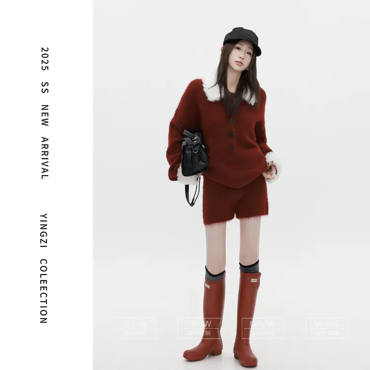 颖子定制【狂欢邂逅】氛围感毛领纽扣套头毛衣修身显瘦针织短裤2196
