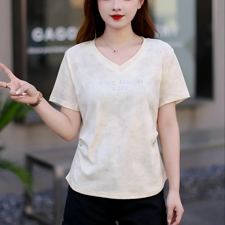 扎染褶皱V领收腰正肩短袖t恤女夏显瘦修身百搭休闲时尚上衣