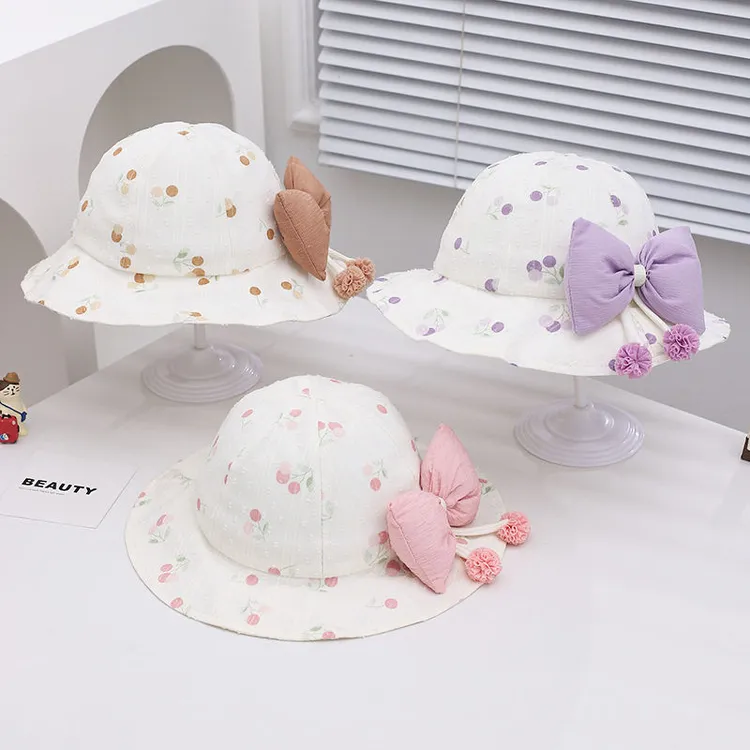 韩版儿童蝴蝶结渔夫帽春夏薄款大帽檐防晒女宝宝可爱洋气遮阳帽子