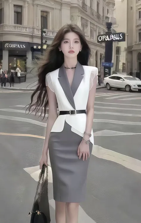 温柔知性风白色V领短袖修身上衣+灰色包臀百搭显瘦半身裙女套装