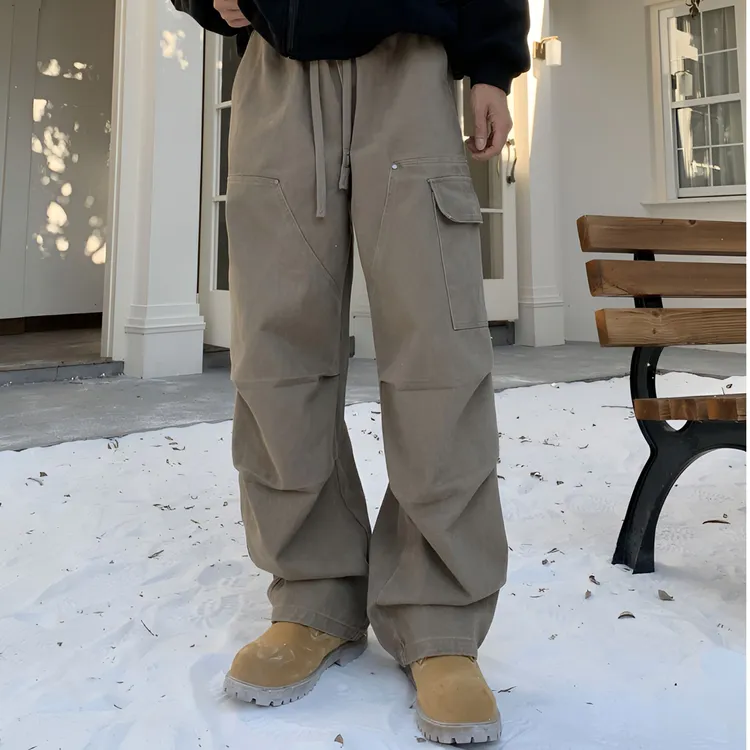 【YIMING】秋冬加厚水洗重磅美式弯刀直筒工装立体设计感伐木休闲裤