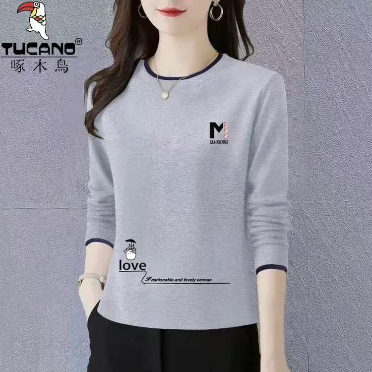 啄木鸟纯棉洋气新款长袖时尚T恤春秋宽松打底衫圆领正肩薄款上衣