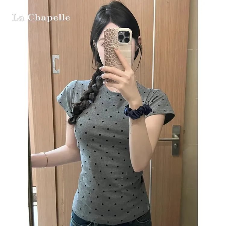 拉夏贝尔灰色波点圆领正肩短袖t恤女夏2025新款小众修身显瘦上衣