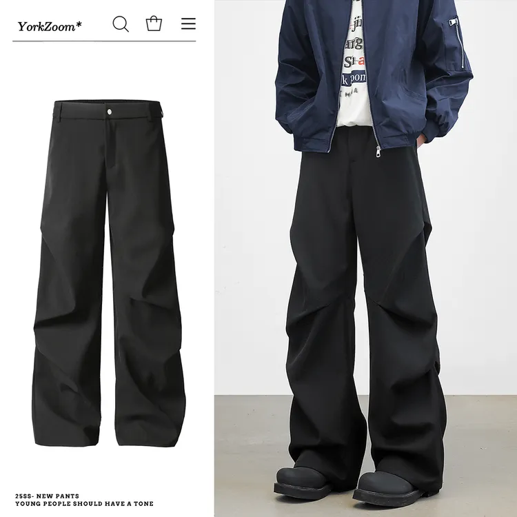 York Zoom秋冬美式宽松阔腿拖地微喇垂感休闲裤黑色褶皱西裤男
