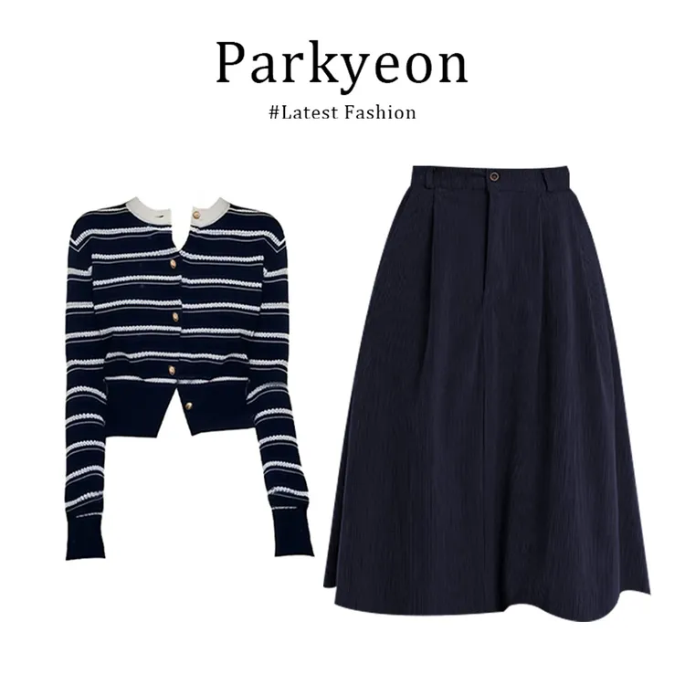 MARIE.COCO韩系时髦撞色条纹长袖针织百褶半身裙早秋两件套女