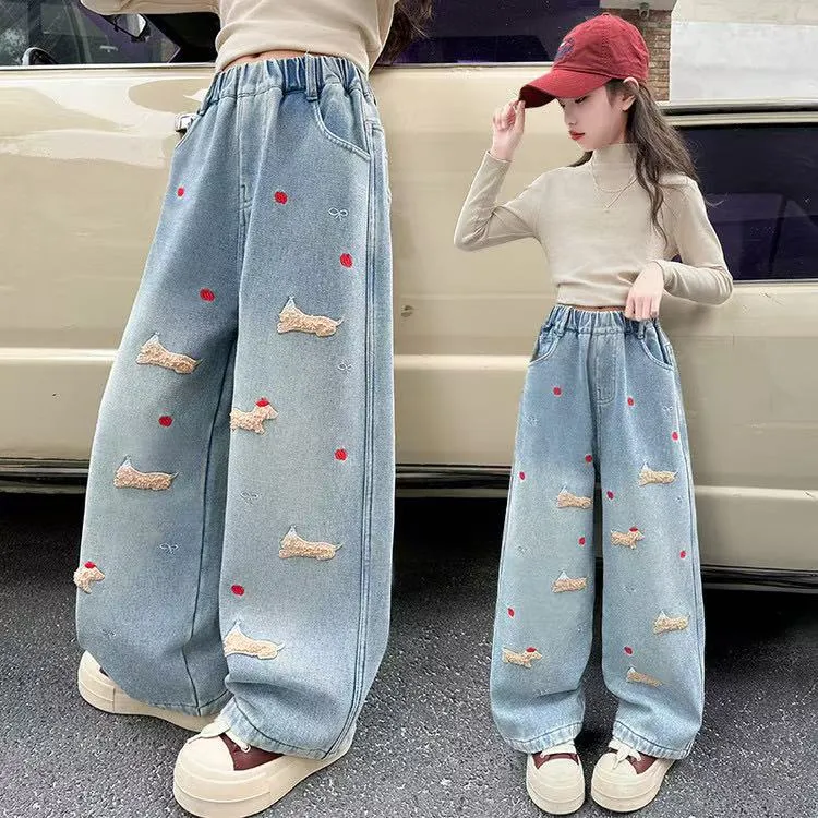 女童春季牛仔裤新款女中大童春装裤子洋气儿童春秋腊肠狗阔腿裤