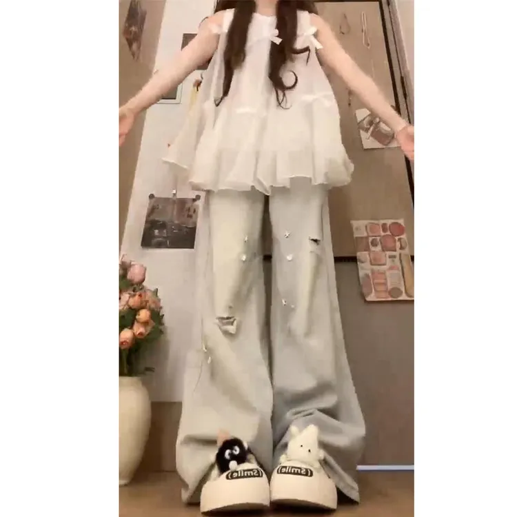 韩系无袖蝴蝶结网纱吊带背心牛仔阔腿裤两件套女巨好看的夏天套装