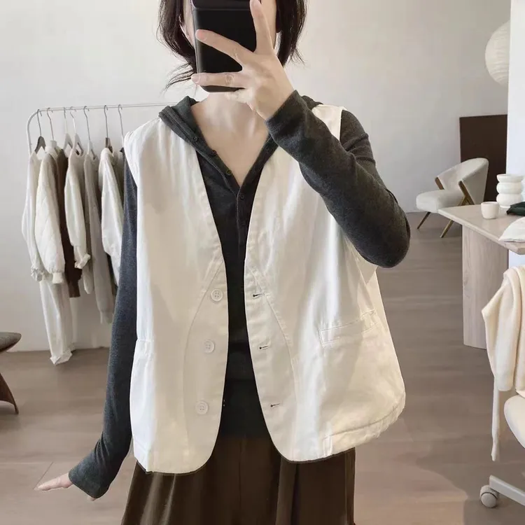 纯棉马夹外套女2025秋季新款宽松显瘦v领马甲小众设计感工装背心