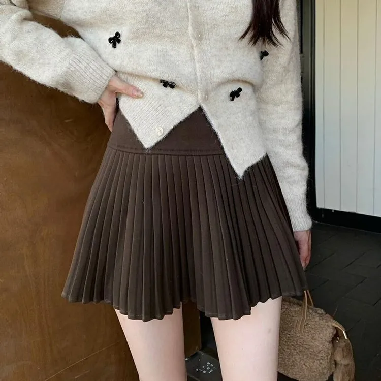 韩系咖色复古a字半身裙短裙女2025秋冬新款高腰遮胯百褶裙ins
