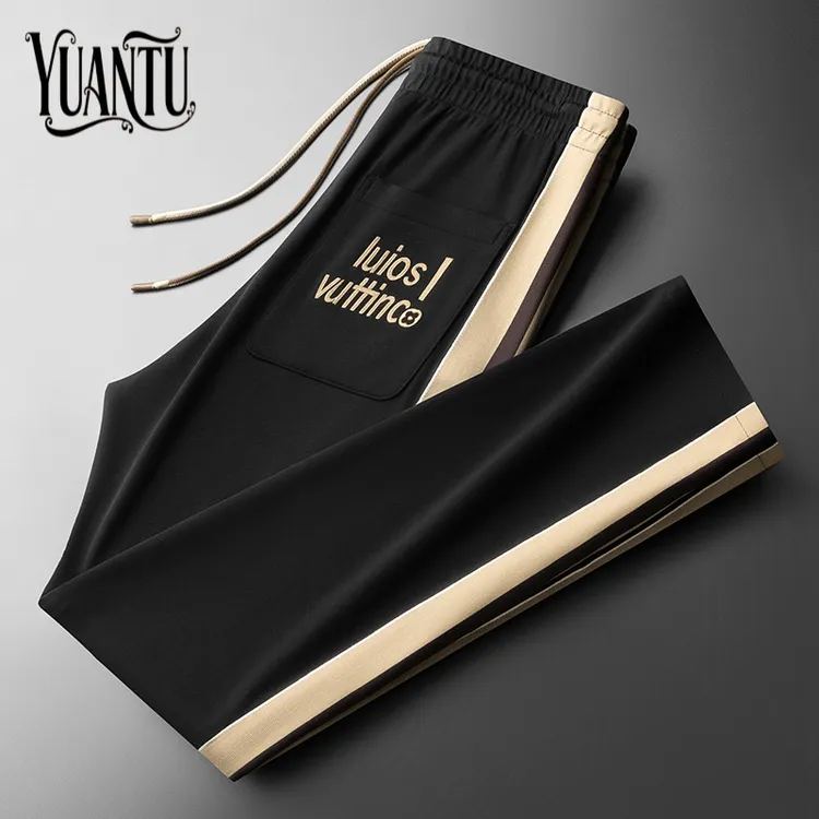 高级感夏季冰丝莫代尔运动裤时尚撞色拼接刺绣男士直筒卫裤休闲裤