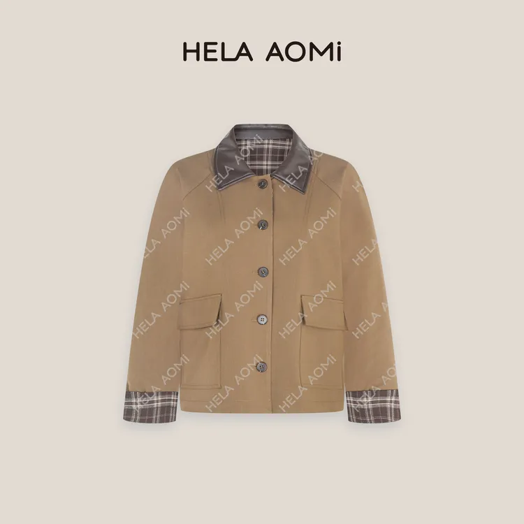 HELA AOMI“巴恩格纹”拼接皮领撞色格纹巴恩风简约爆款外套