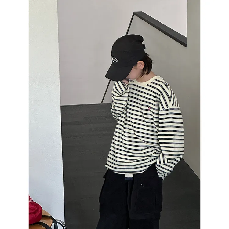 【现货】男童卫衣长袖条纹T恤春秋款2025新款中大童百搭童装上衣