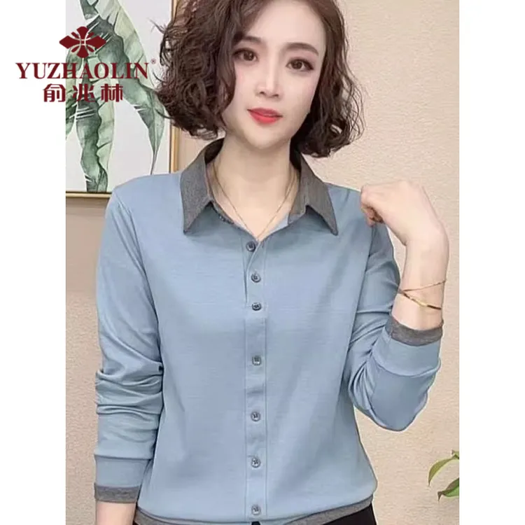 俞兆林翻领长袖拼色领边单排扣套头减龄显肤色薄中年女妈妈乐艳上